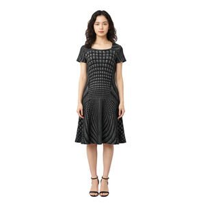 DIANE VON FURSTENBERG DVF Black White Knit Square Print Short Sleeve Midi Dress